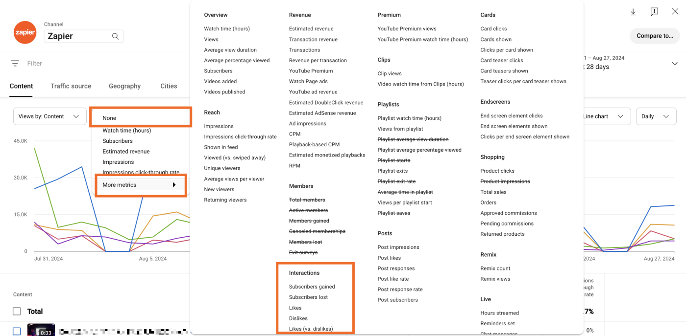 Selecting Interactions in YouTube Studio Analytics