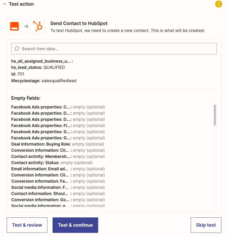 The Zap editor will ask to test and review, test and move on to the next step, or skip the test.