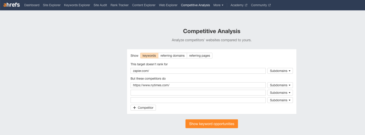 Screenshot of Ahrefs competitor analysis tool.