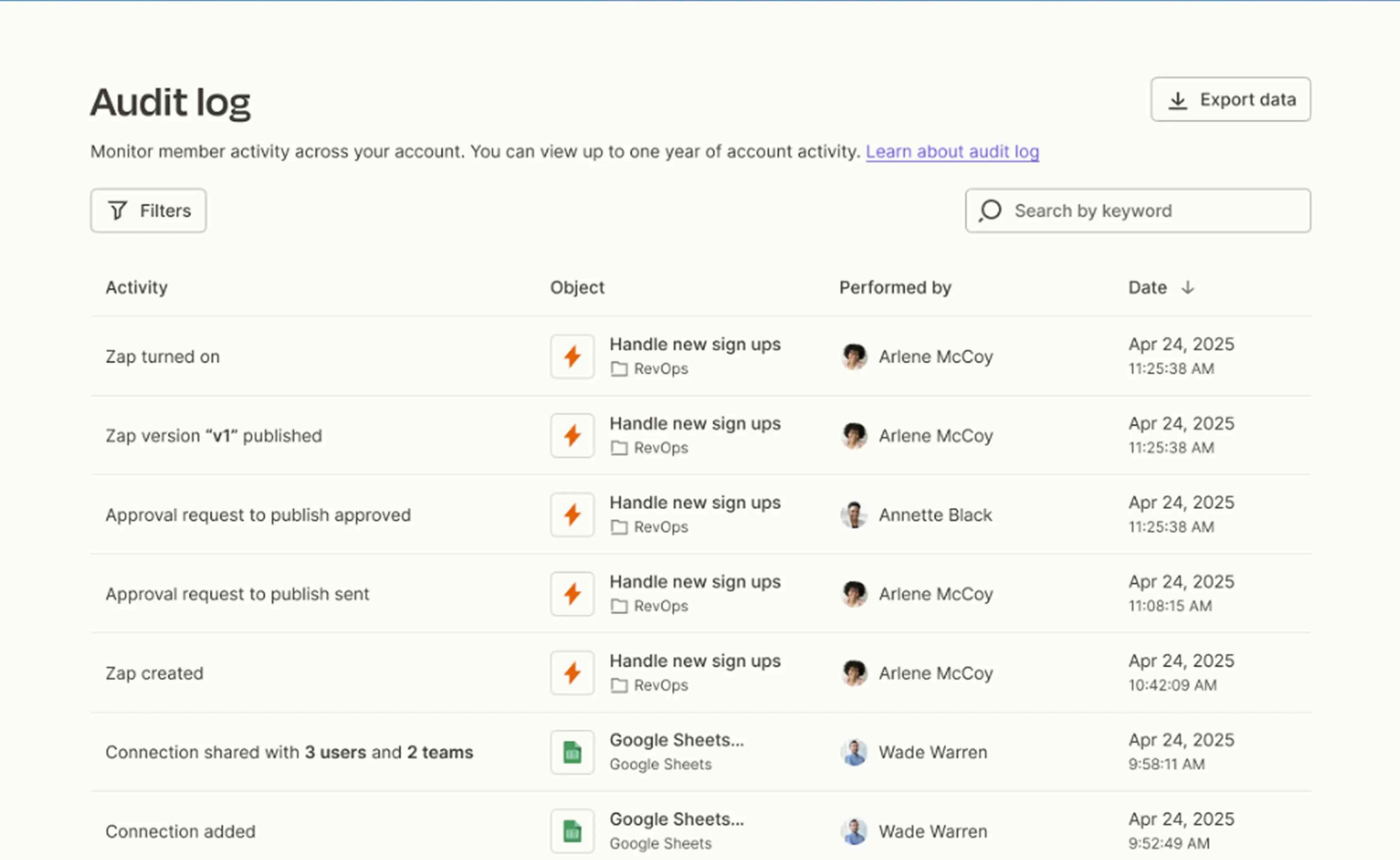 An audit log page in Zapier