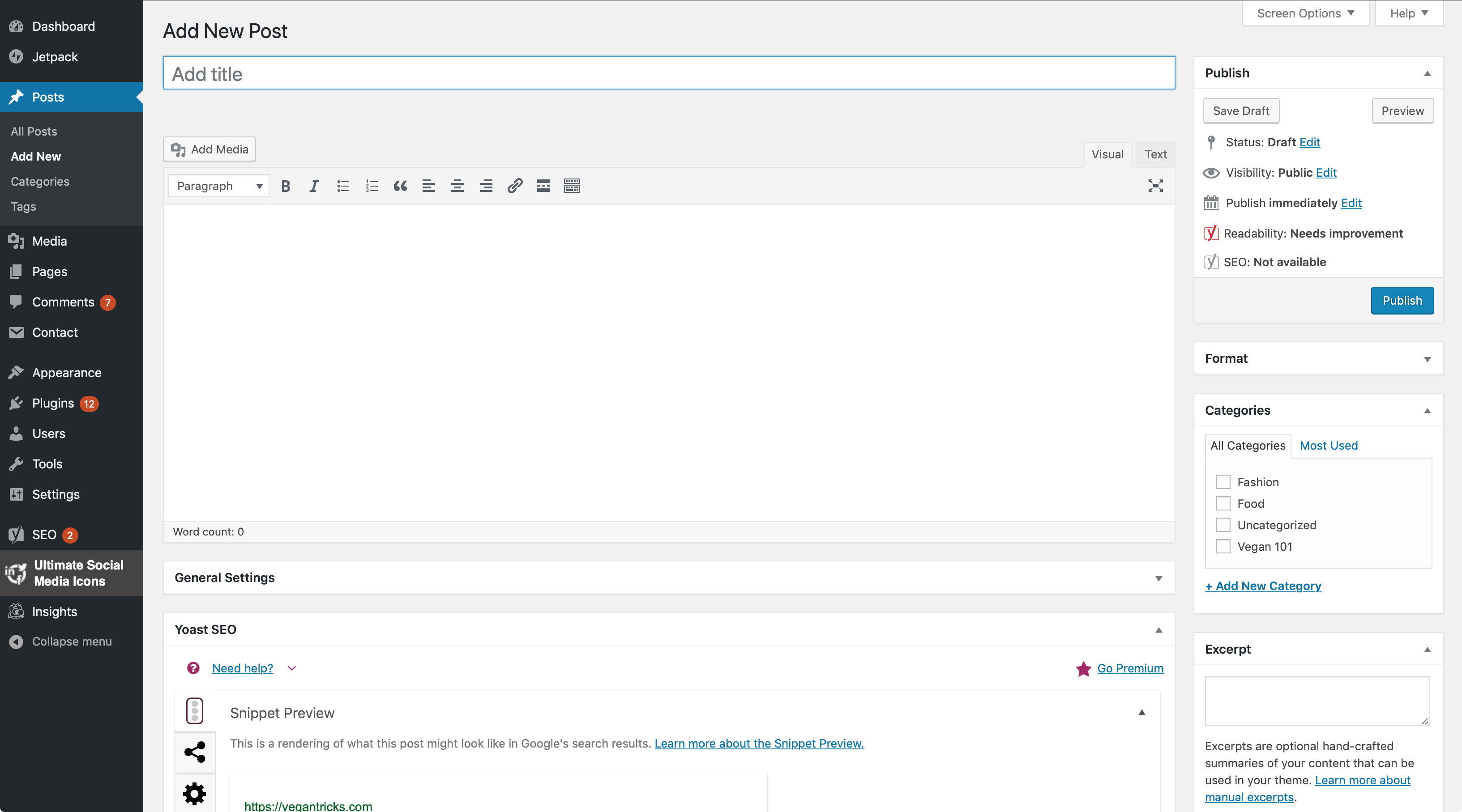 The WordPress.org post creation window, showing some of the available features.