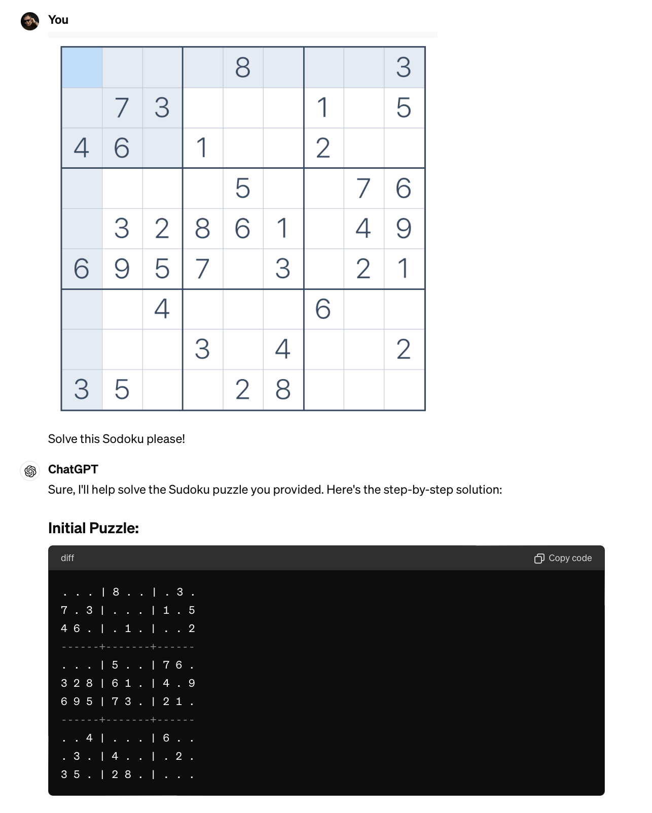 Harry's Sudoku input and the output from GPT-4o