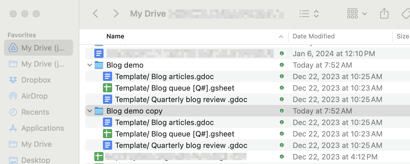 Finder window on Mac displaying a copied Google Drive folder. 