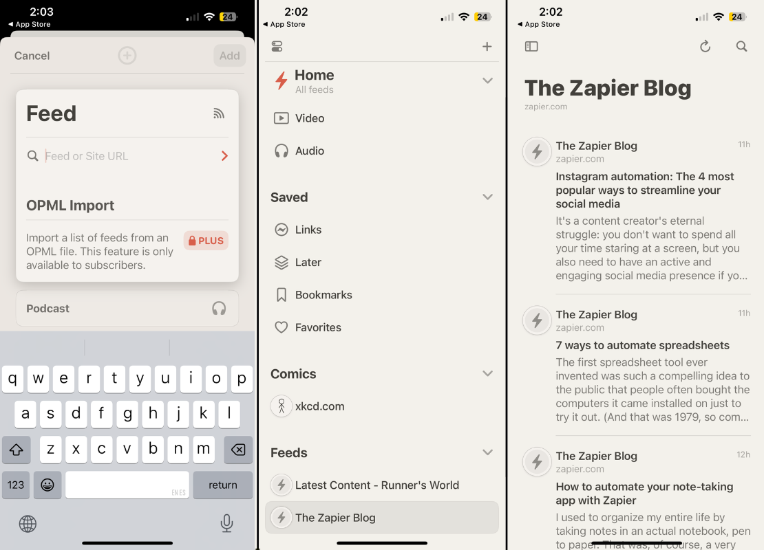 Reeder, our pick for the best iPhone productivity app for reading RSS feeds.