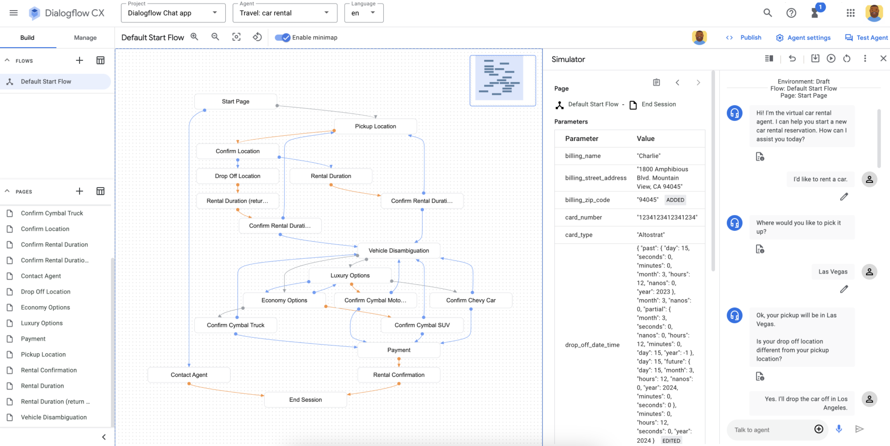 A screenshot of Google Conversational Agents, a conversational AI platform.