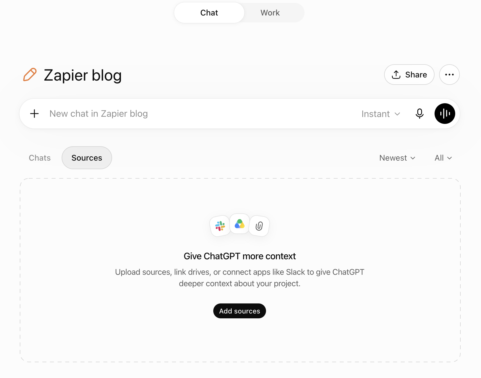 Home page for a project in ChatGPT.