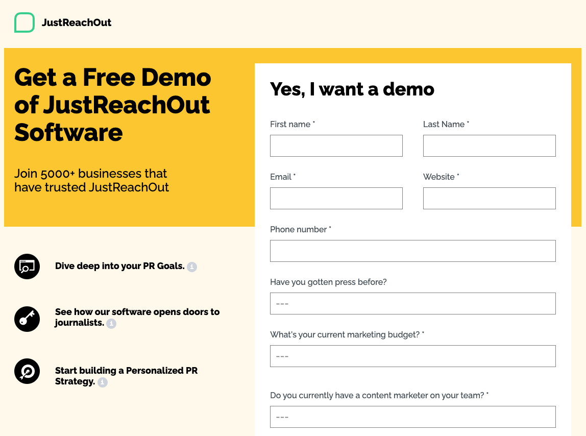 A screenshot of the JustReachOut demo landing page, including the form.