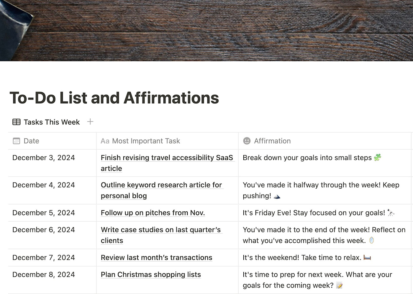 Nadira's To-Do List and Affirmations Notion database