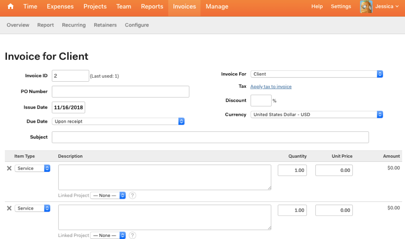 Harvest invoice screen