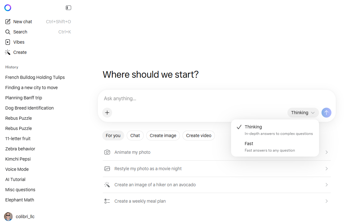 The option to switch fro Fast to Thinking in Meta AI