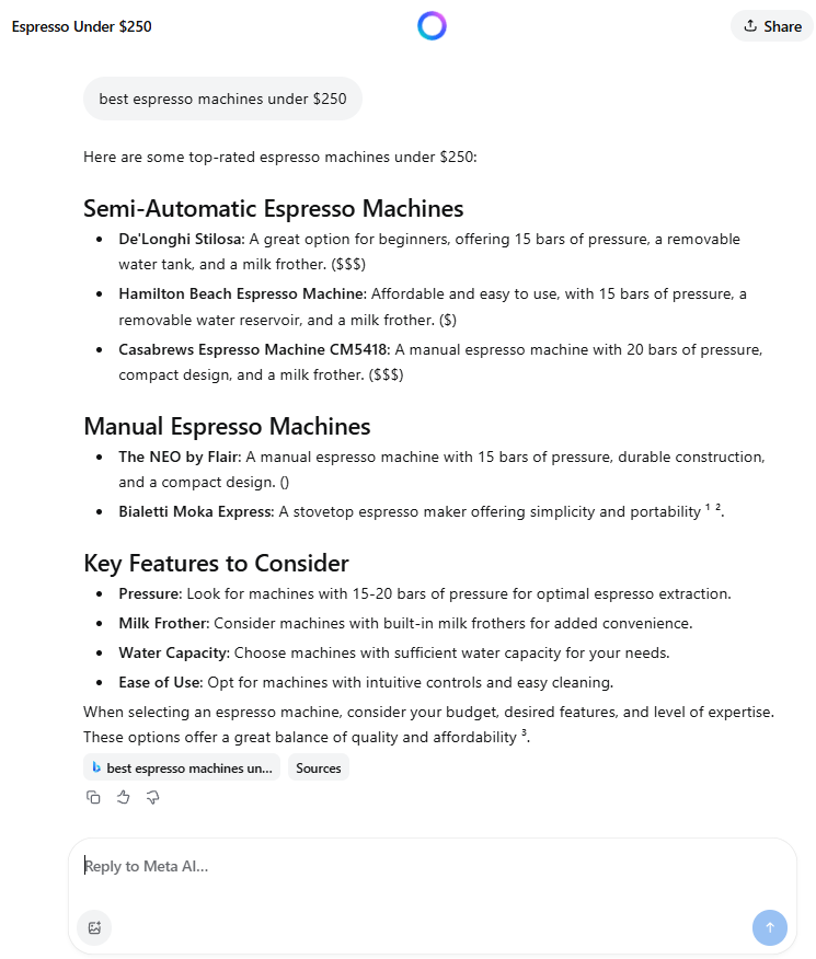 Meta AI searching the web for the best espresso machines