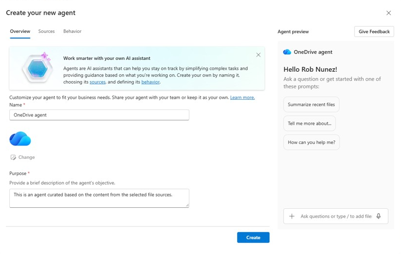 Creating an agent in OneDrive