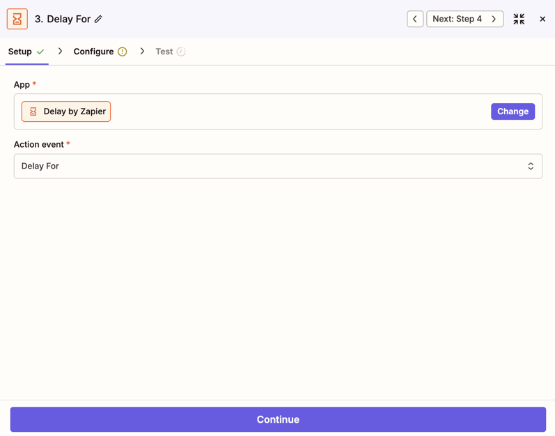 A screenshot of the delay stage in the Zapier editor.