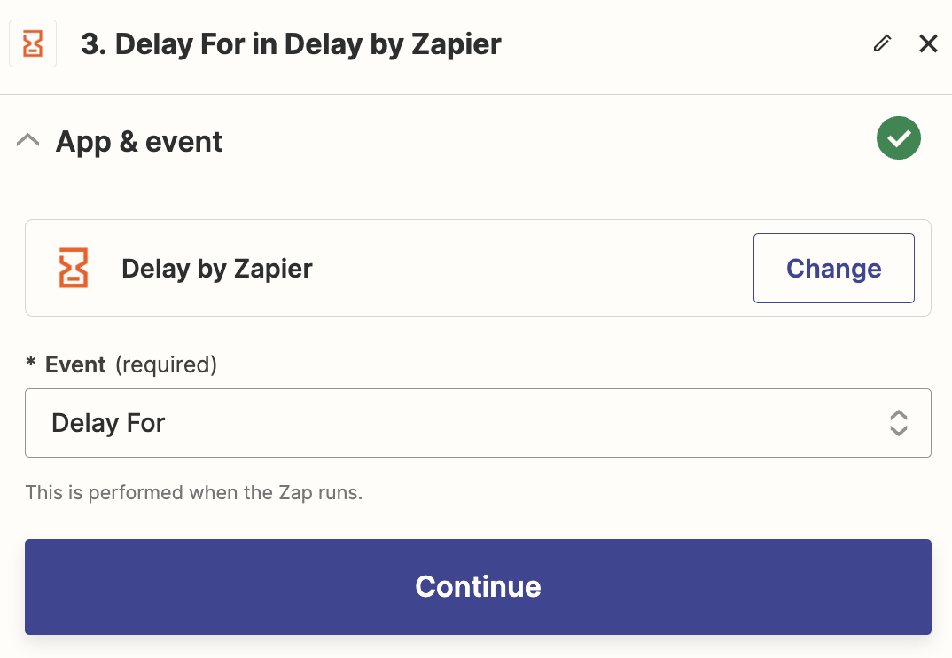 A screenshot of a delay step in the Zapier editor.