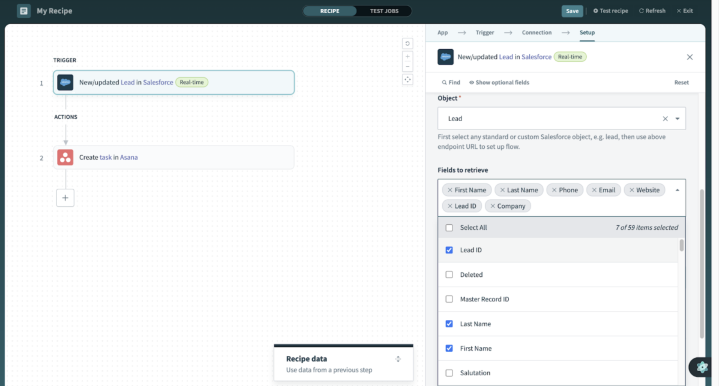 A screenshot of Workato, an API integration platform.