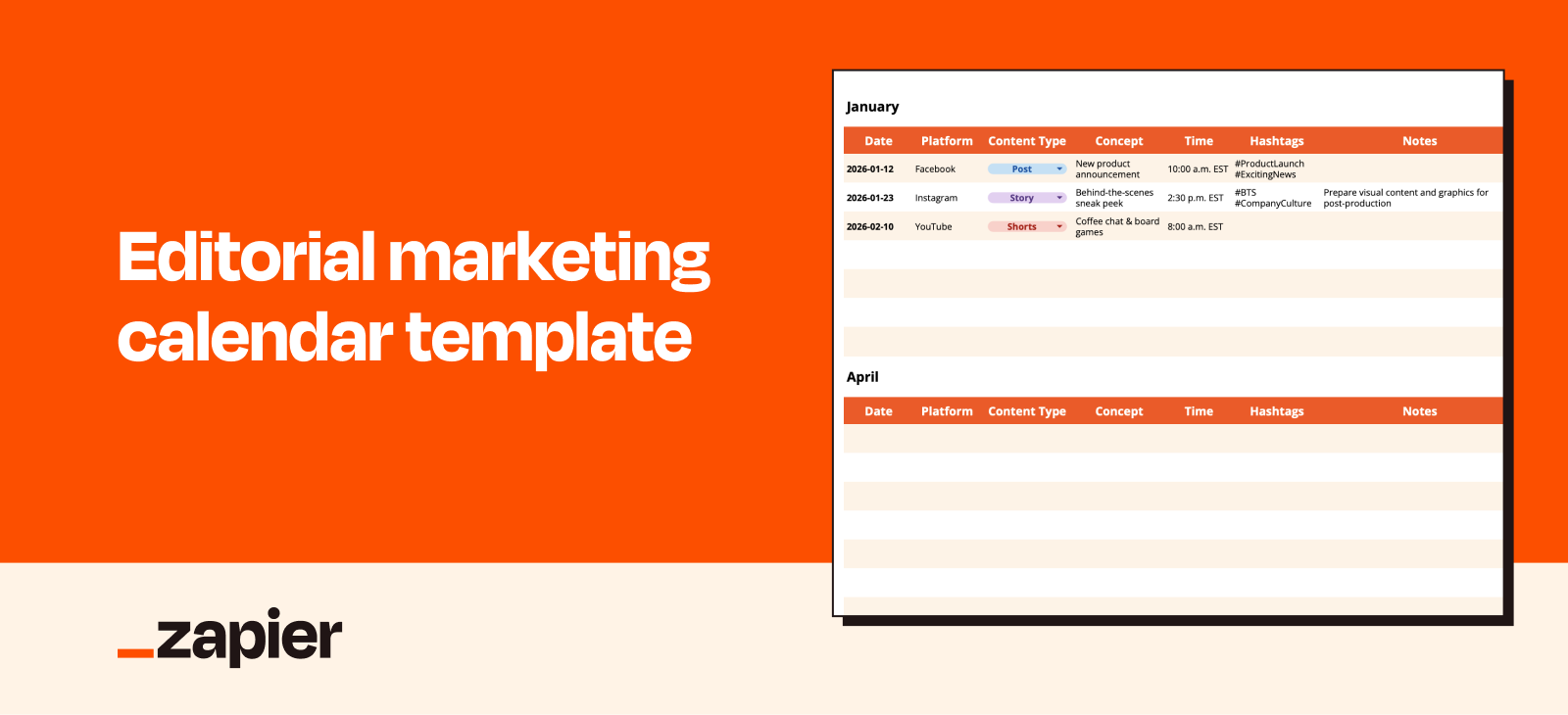 Screenshot of editorial marketing calendar template with two rows filled in.