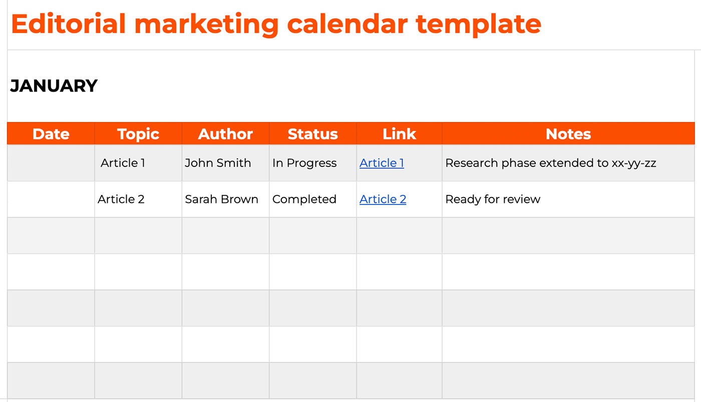 Screenshot of editorial marketing calendar template with two rows filled in.