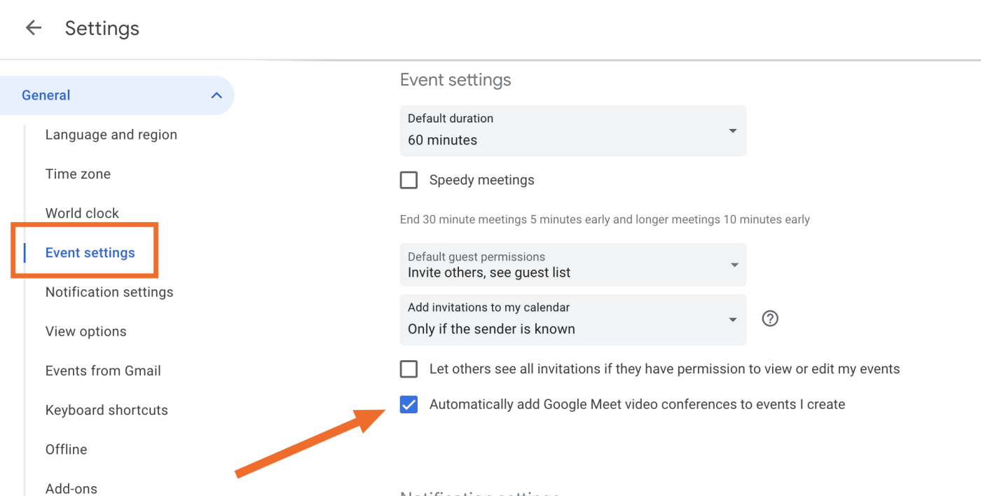 The event settings in Google Calendar to automatically add Google Meet calls to events