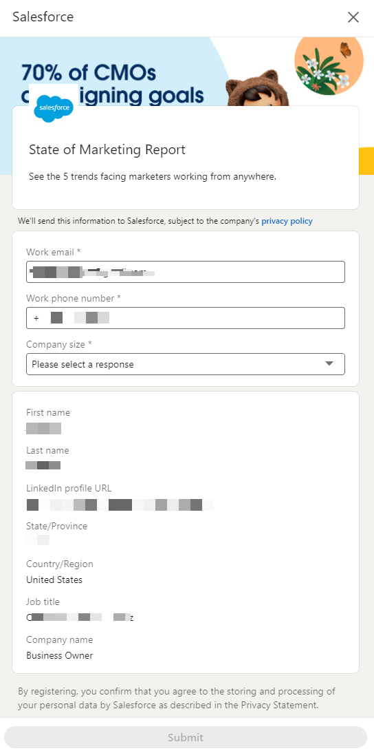 LinkedIn Lead Gen form example from Salesforce: a long form with a lot of required information