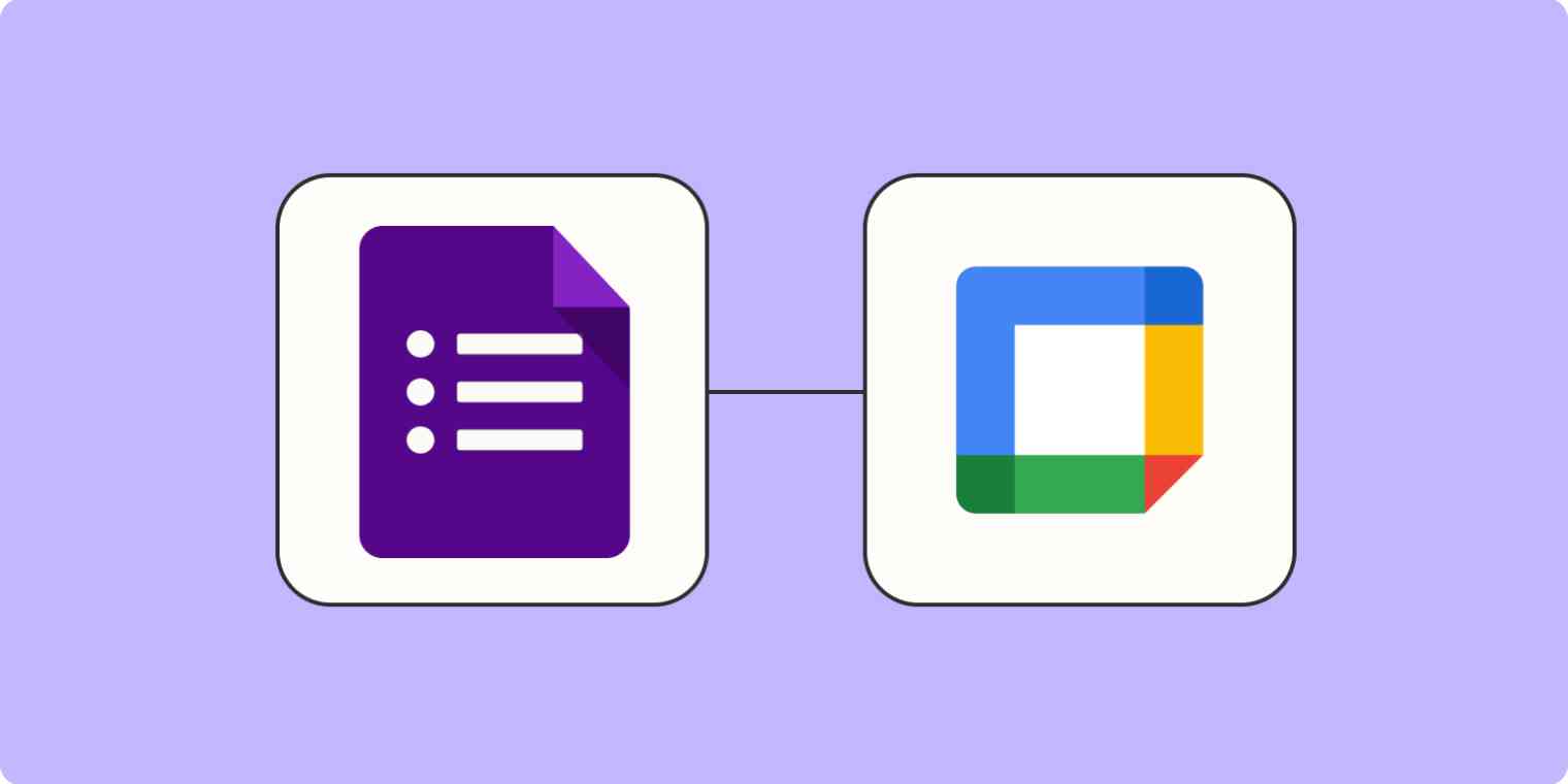 Hero image of the Google Forms app logo connected to the Google Calendar app logo on a light purple background.