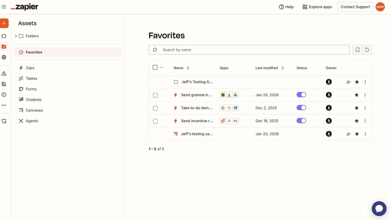 Users can now mark Folders, Zaps, Tables, Forms, Chatbots, or Canvases as favorites from any asset listing page and find them in their Favorites list.