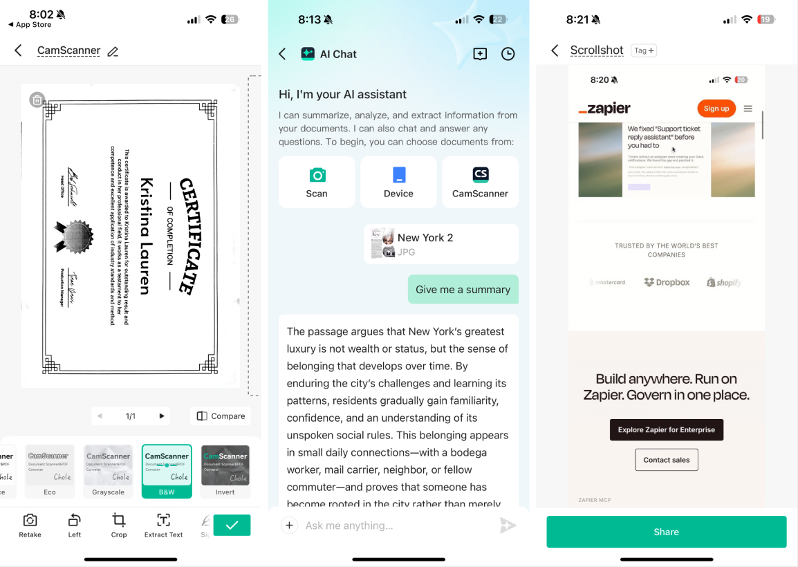 CamScanner, our pick for the best OCR scanner app for variety of features