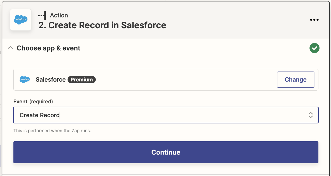 The Salesforce app logo with Create Record selected in the Event field. 