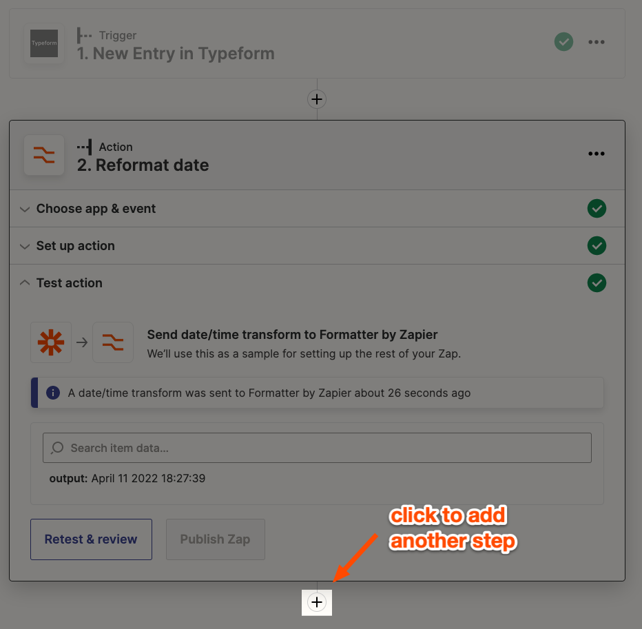 A box and arrow highlight a plus-button in the Zap editor to add another step.