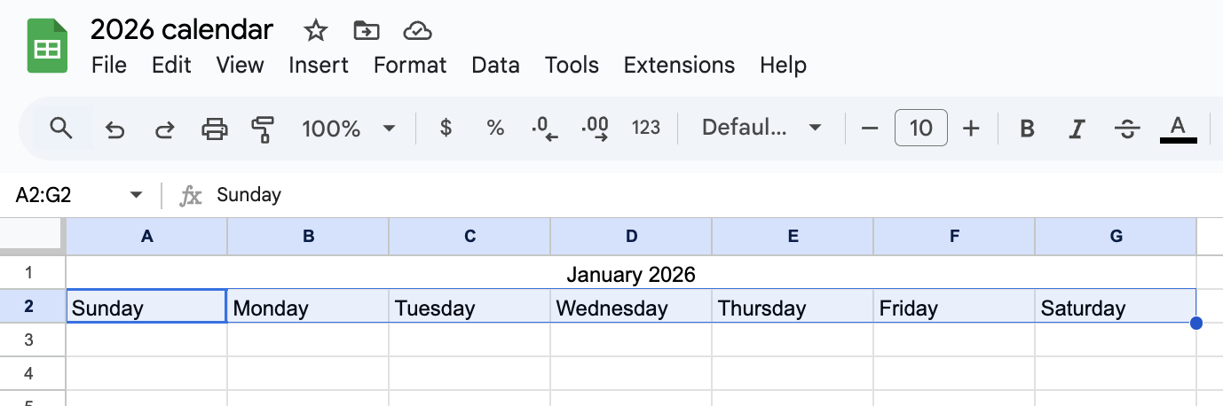 Screenshot of the days of the week typed into Google Sheets.