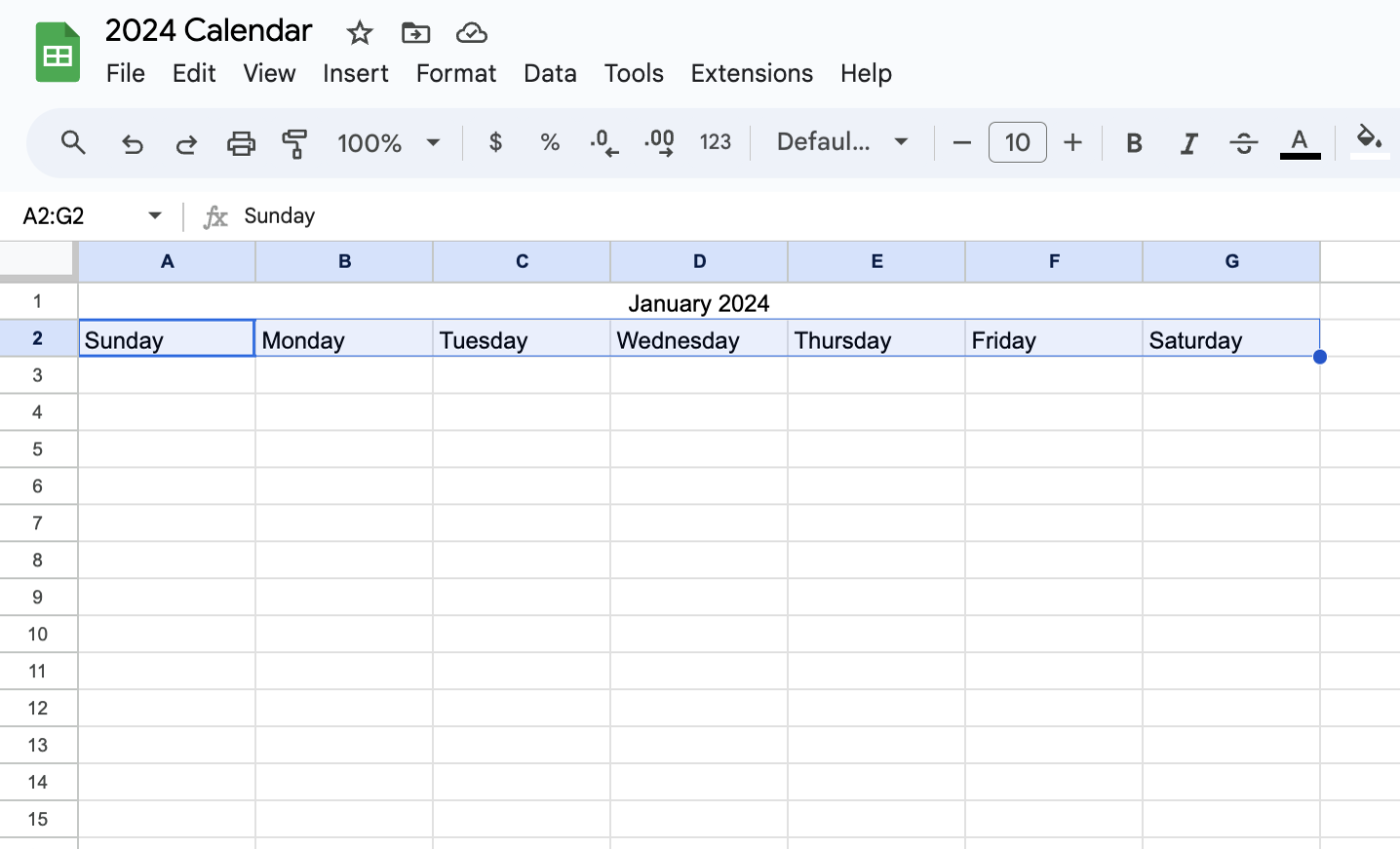 Screenshot of the days of the week typed into Google Sheets.