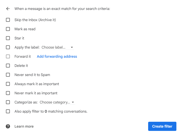 The filter options in Gmail