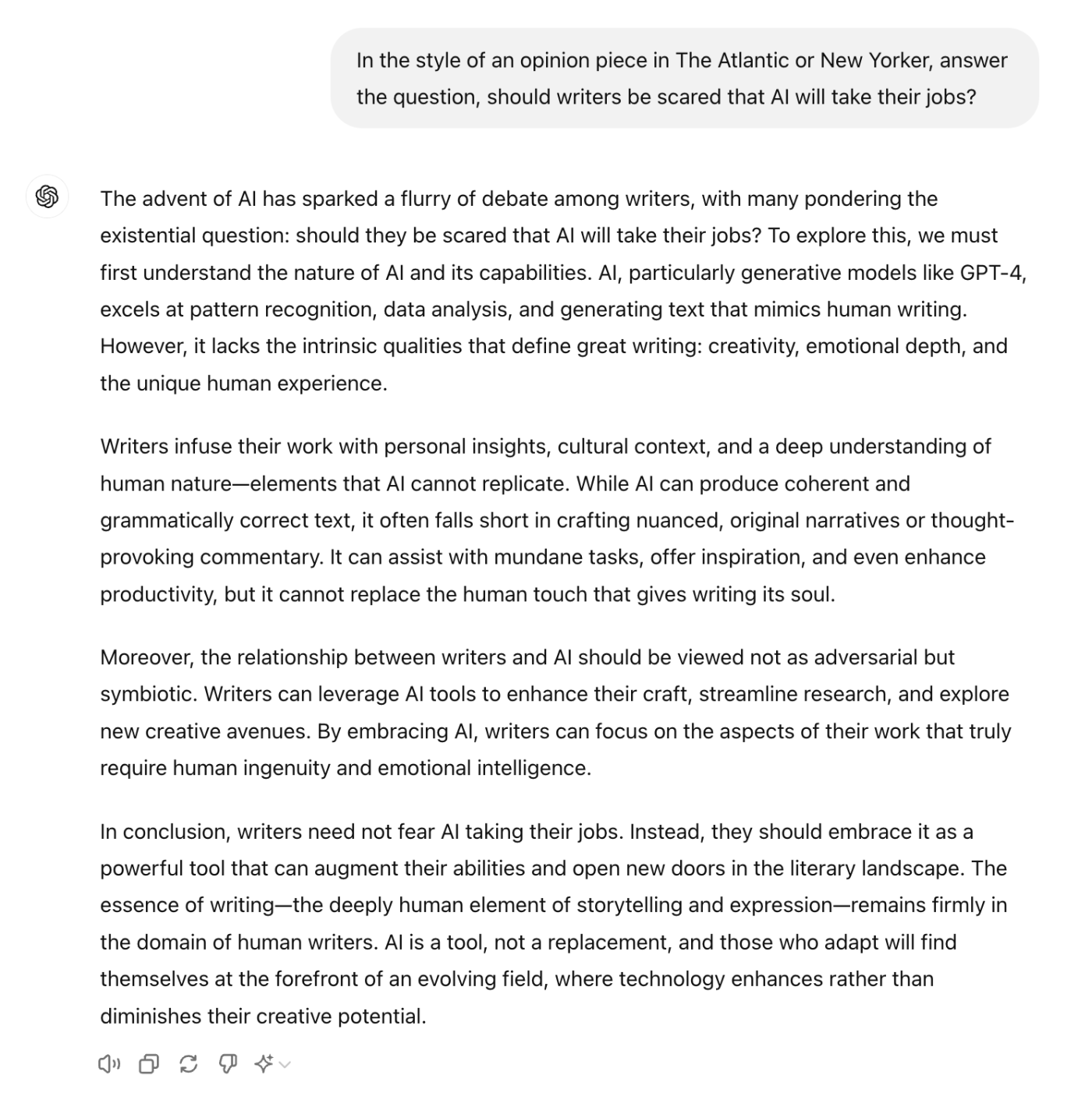 ChatGPT conversation with an AI-generated response written in the style of an opinion piece in The Atlantic or New Yorker.