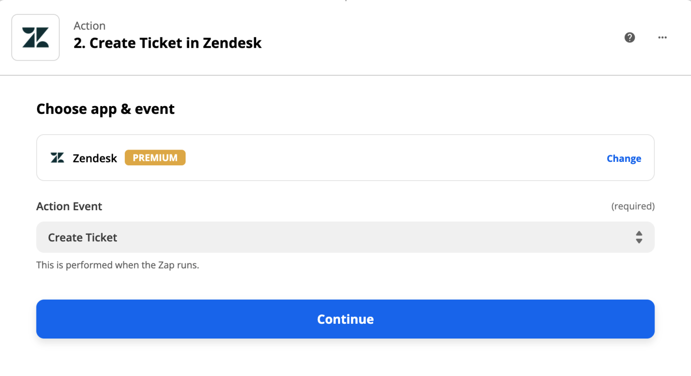 The Zendesk app icon next to the text "Create Ticket in Zendesk".