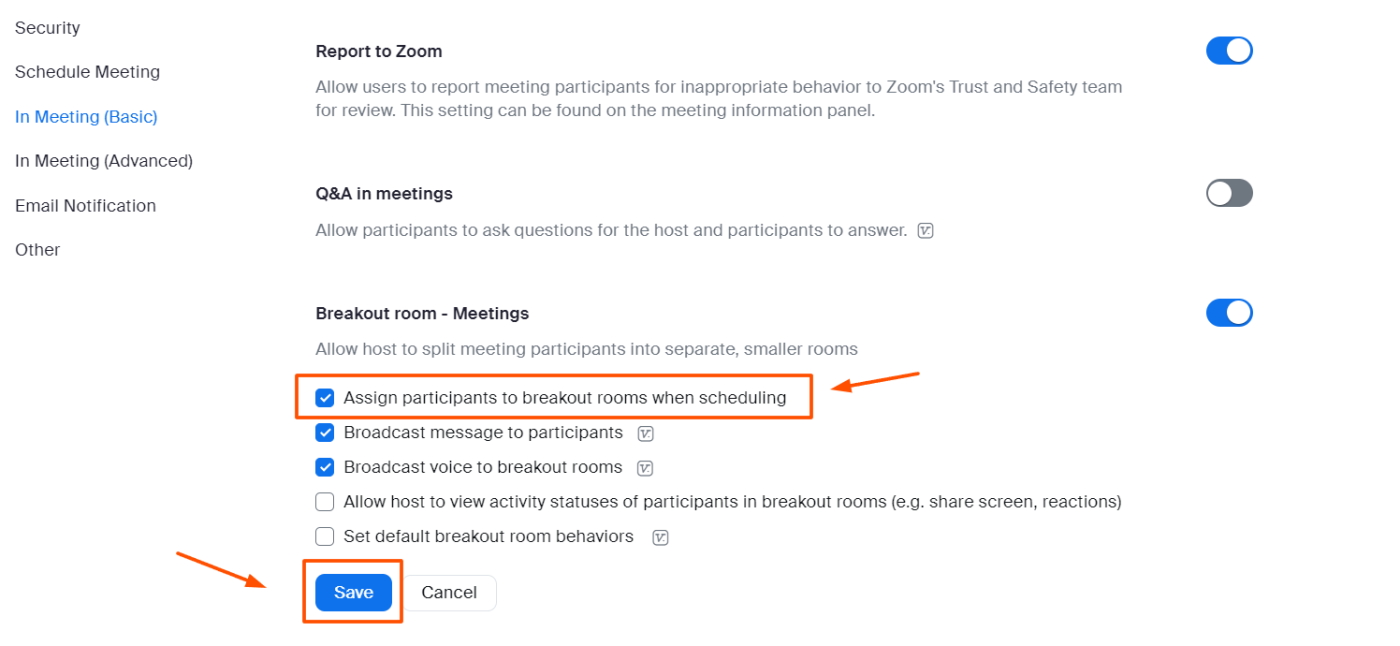 Screenshot of the settings page in Zoom showing where you can check a box to assign participants to rooms when scheduling a meeting