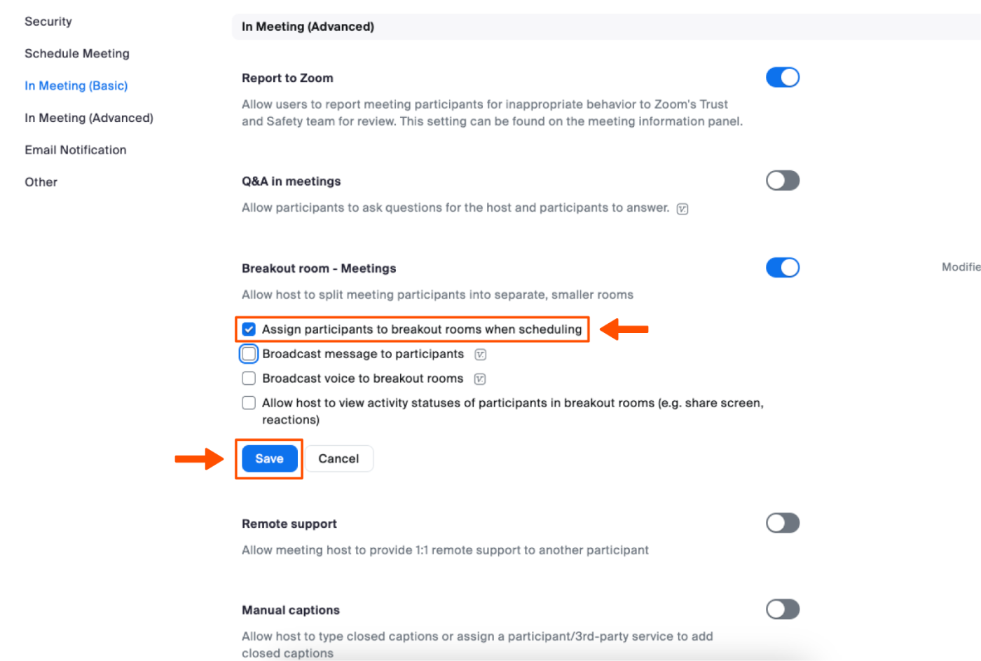 Screenshot of the settings page in Zoom showing where you can check a box to assign participants to rooms when scheduling a meeting