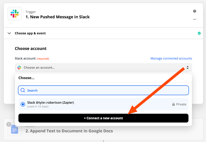 Connecting a Slack account in Zapier. The screenshot shows a dropdown menu that has one account that can be selected and a black button that reads "Connect a new account."