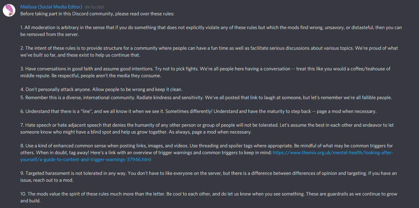 A screenshot of Unwinnable's rules page, which showcases how you might write rules for your Discord server