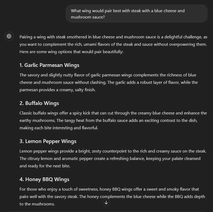 Briana asks the AI what "wing" to pair with steak, and it suggests different kinds of chicken wings. 