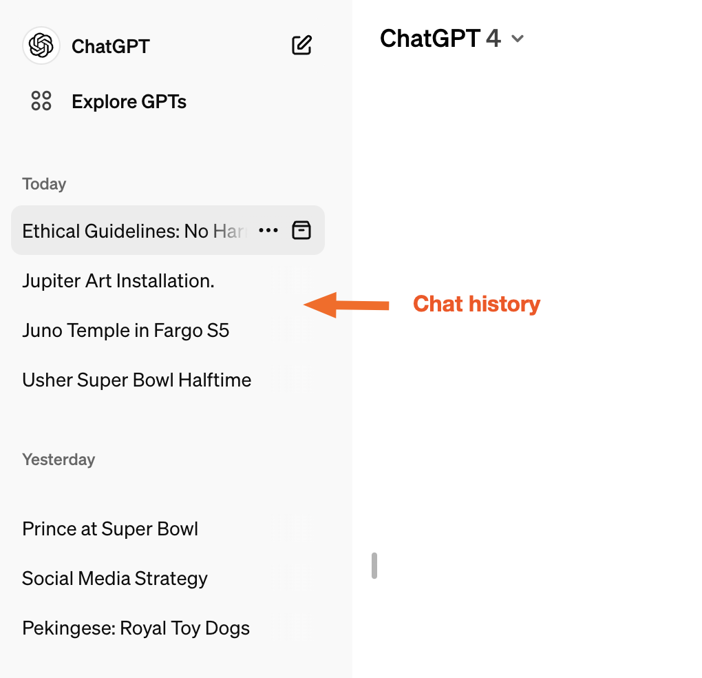 Side panel of the ChatGPT home page which displays the account's entire chat history. 