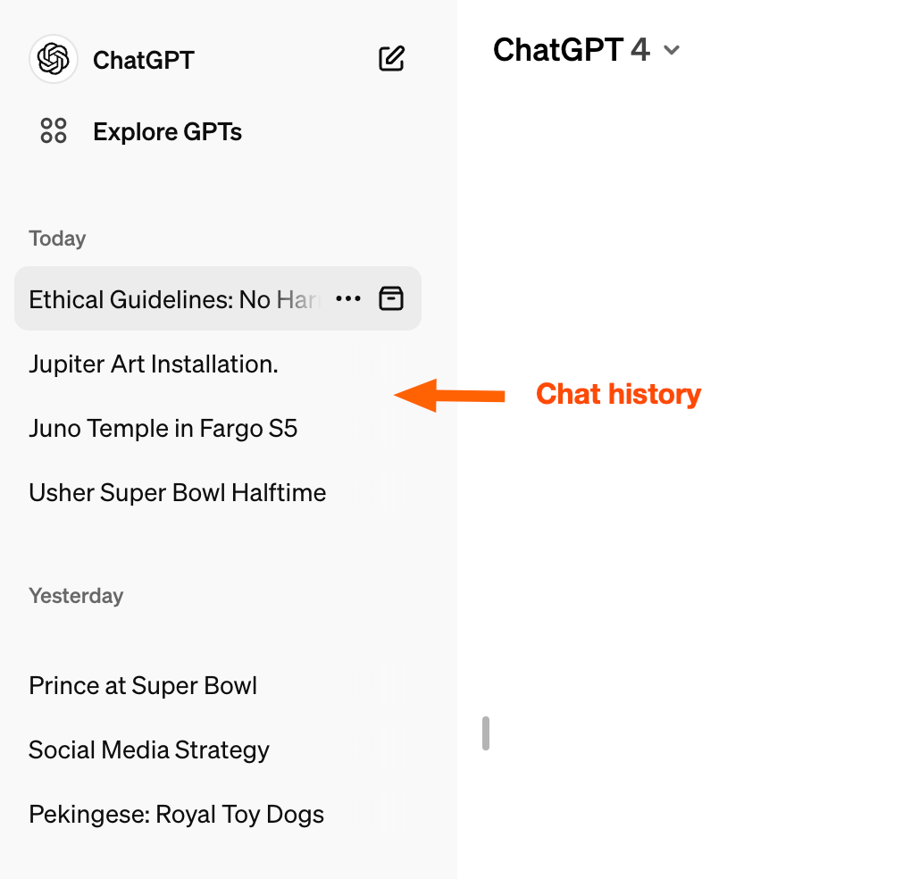 Side panel of the ChatGPT home page which displays the account's entire chat history.