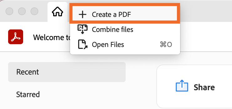 Expanded view of the create dropdown in Adobe Acrobat. 