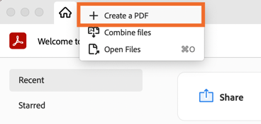 Expanded view of the create dropdown in Adobe Acrobat. 