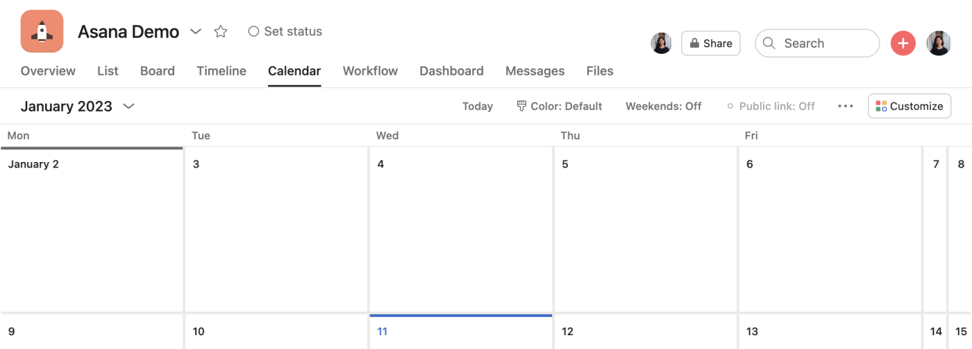 Asana project displayed using the calendar view in the Asana web app. The calendar begins with Monday in the far-left column.