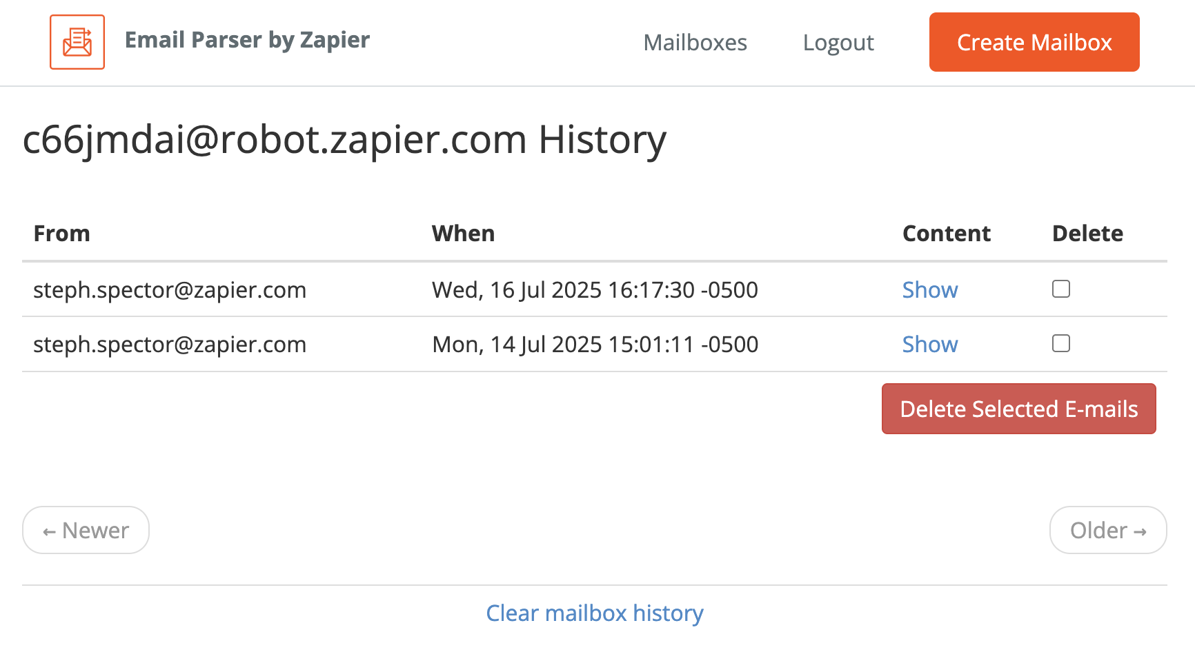 Mailbox History page showing three emails received by the parser address
