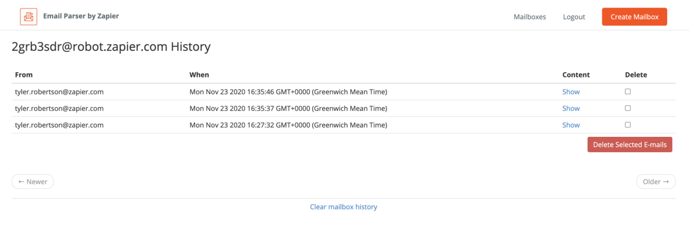 Mailbox History page showing three emails received by the parser address