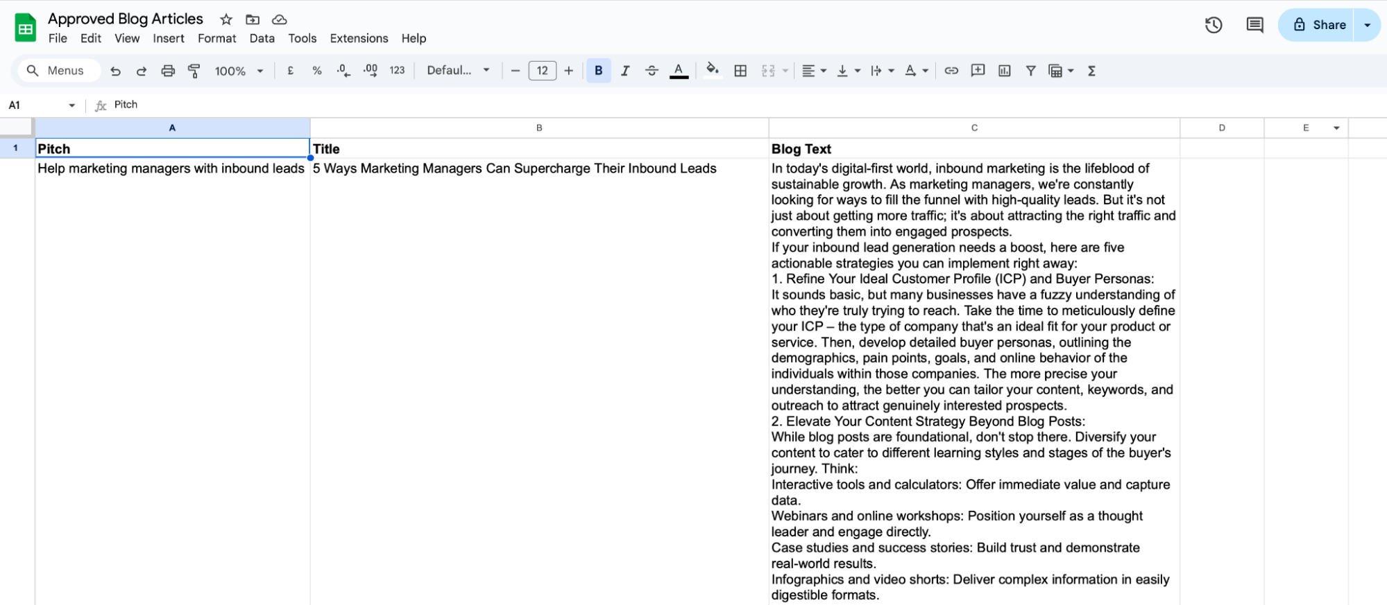 A Google Sheets spreadsheet titled "Approved Blog Articles" with columns for Pitch, Title, and Blog Text, containing content about marketing strategies for inbound lead generation.
