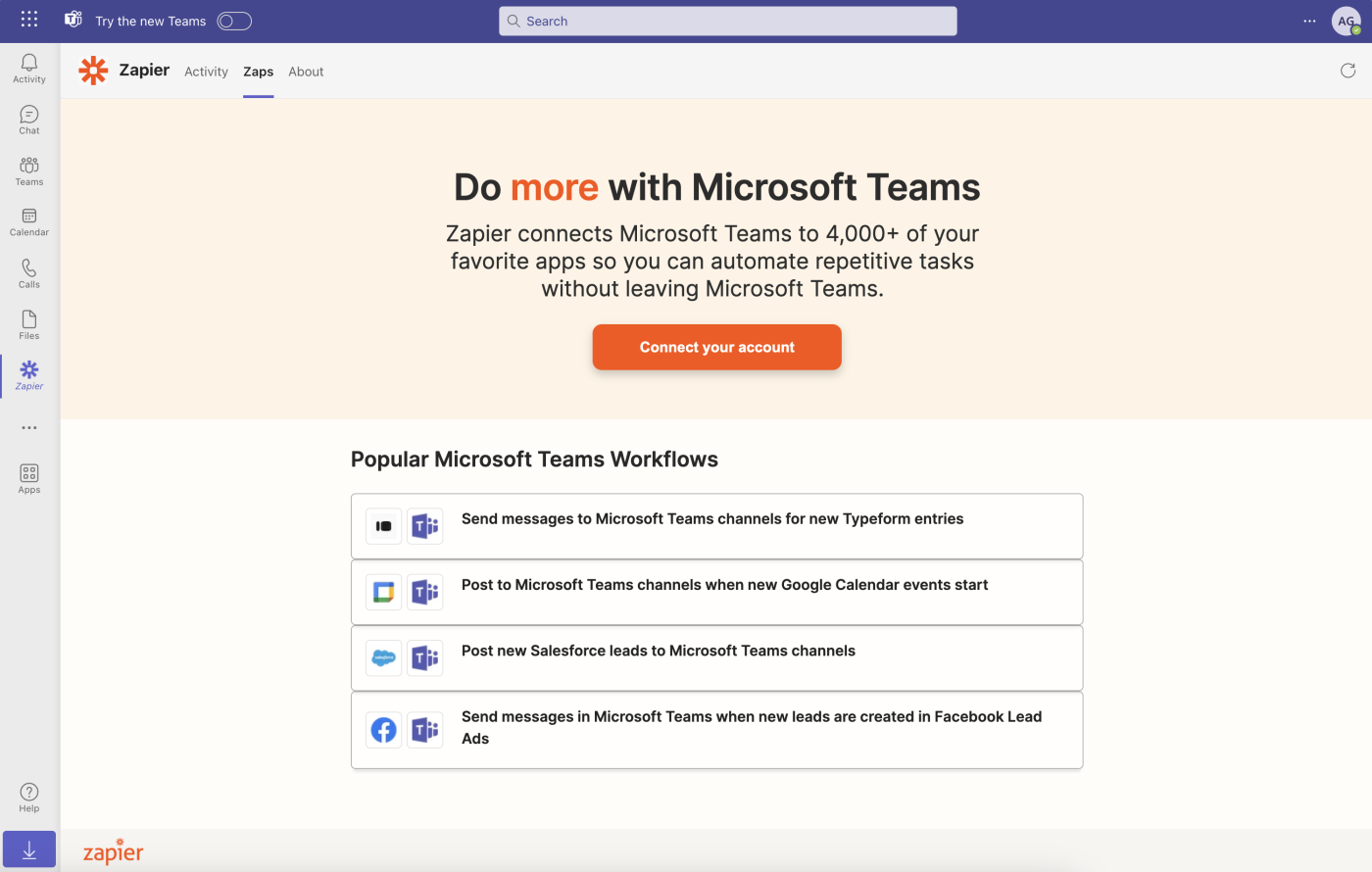 A screenshot of the Zapier app homepage inside of Microsoft Teams.