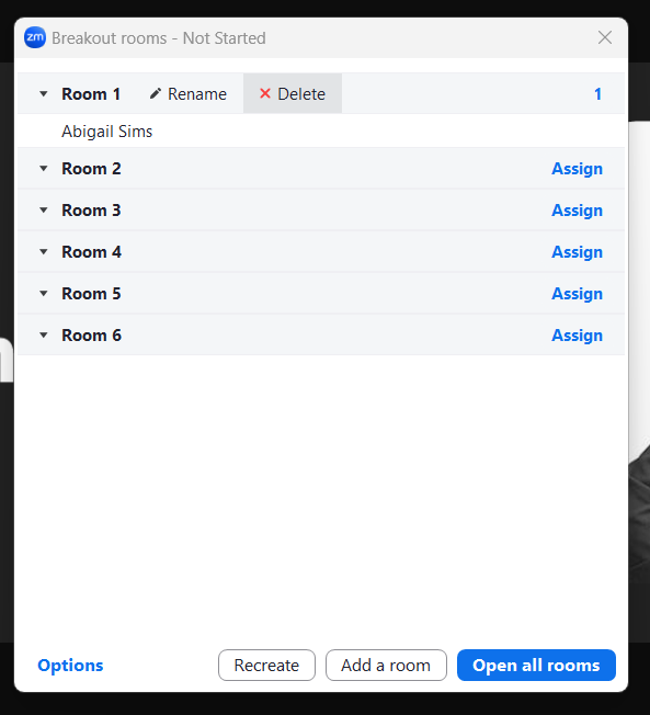 Screenshot of the same window in Zoom showing where you can delete a breakout room