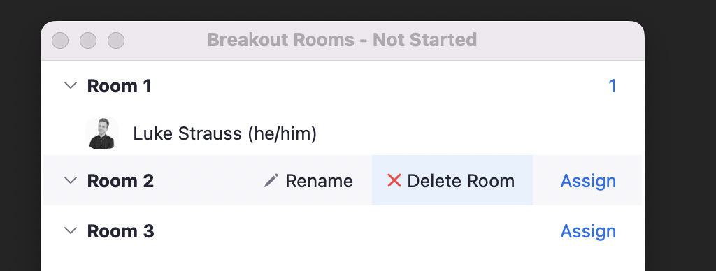 Screenshot of the same window in Zoom showing where you can delete a breakout room