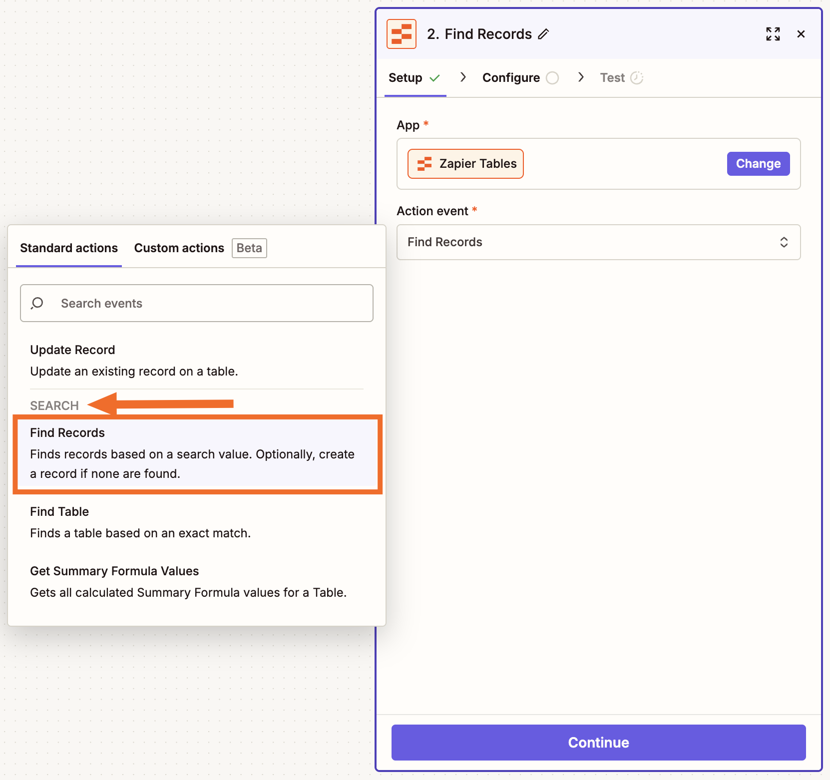 The Zapier editor showing a Zapier Tables Find Records action selected from a list of search steps in a modal
